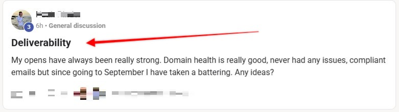 Example of a community discussion about email deliverability.