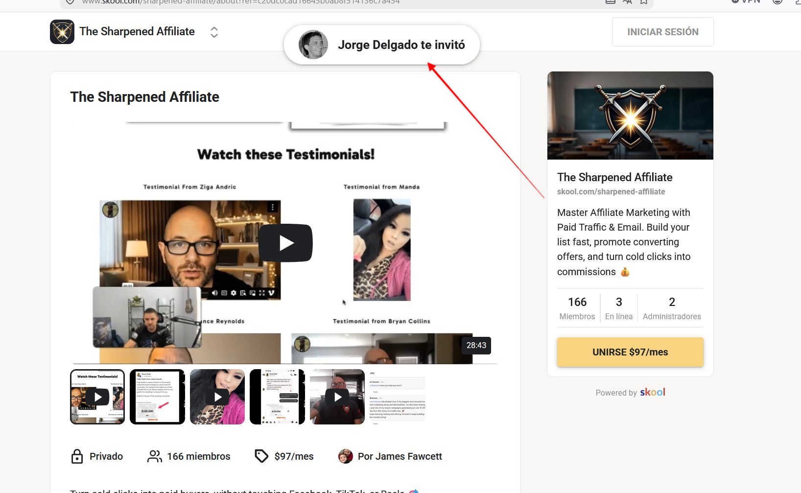 Example showing Jorge Delgado listed as the person who invited you to The Sharpened Affiliate.